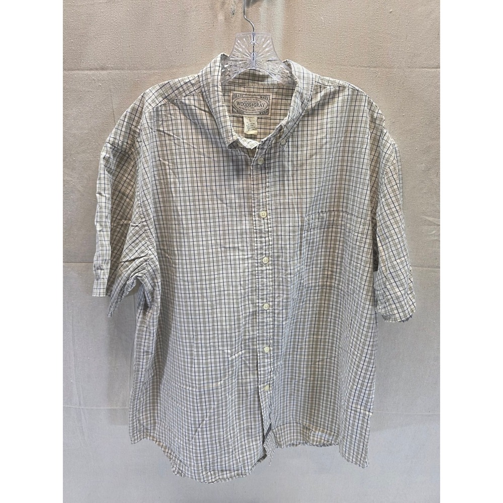 Woods & Gray Mens Large Tan Blue Plaid Short Sleeve Button Down‎ Cotton Shirt